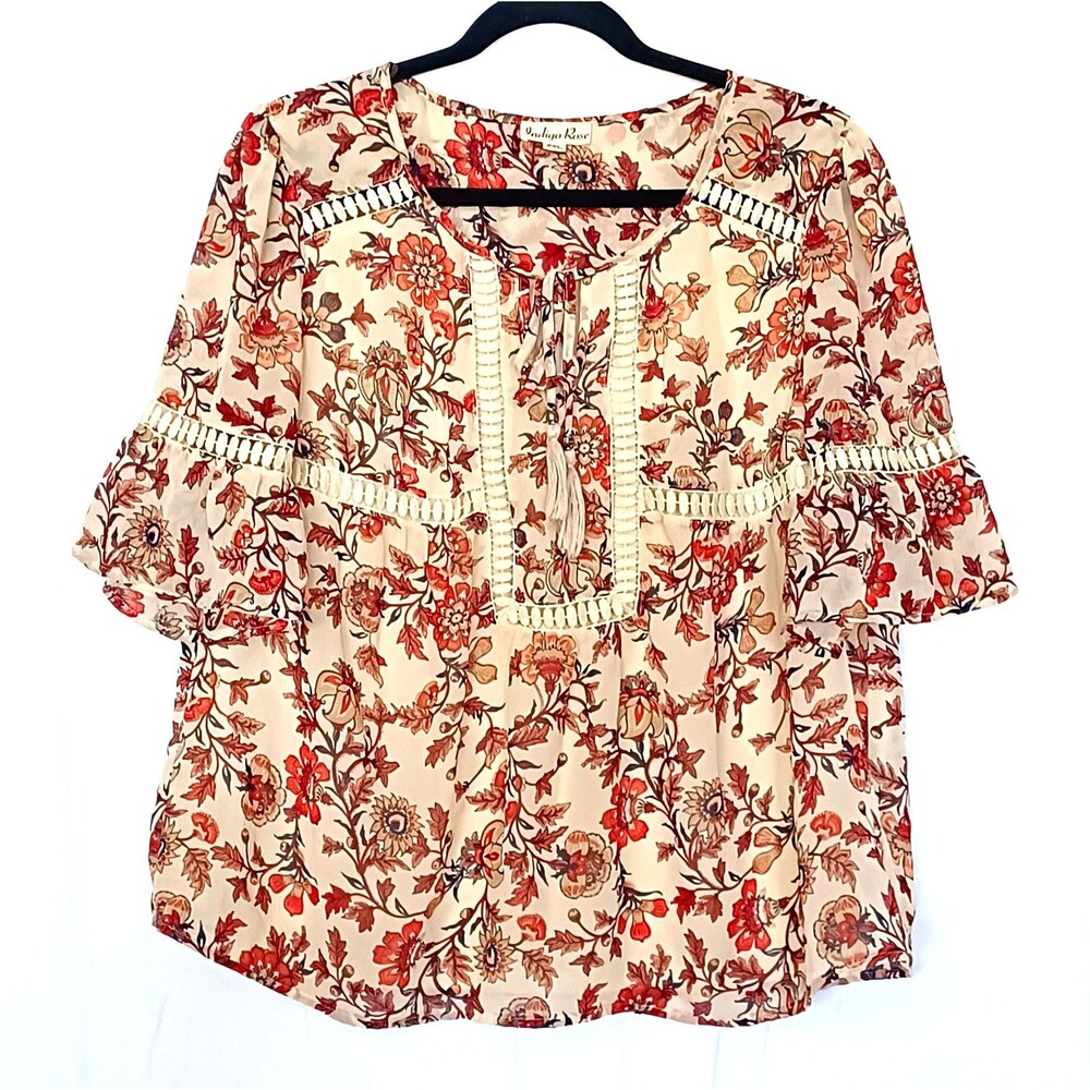 Indigo Rose Women's PXL Petite Beige/Red Floral Lined Tassel Tie V-Neck Blouse
